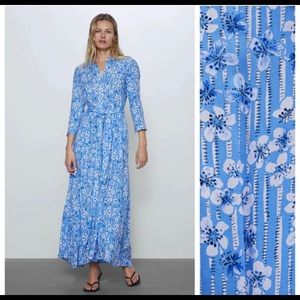 Zara Blue Floral Button Front Tie Waist Midi Dress NWTl